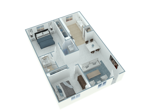 A 3D floor plan of a house with multiple rooms and furniture.